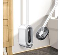 Cepillo de inodoro Unyqoos® con tapa autocompletadora, para montaje en pared sin necesidad de taladrar, base desmontable, cerdas de nylon, mango ergonómico, color gris/blanco