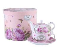 Ceramic Tea Cup Set for a Teapot with Vintage Flowers and Lavender Design (Pink Butterfly Pink)