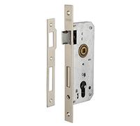 Cerradura de cilindro empotrada para puerta de entrada, eje de 35 mm, extremos cuadrados, placa niquelada, caja de acero estampado, media vuelta reversible, pestillo de aleación cincada - THIRARD