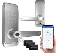 Cerradura inteligente ELH-01H4 con manija, teclado numérico, lector de proximidad de 13,56 MHz, lector biométrico, aplicación TTLock/TTHotel, grado de protección IP65, pestillo universal, color blanco