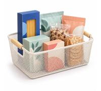 Cesta de alambre Relaxdays con asas de madera, cuadrada, crema | Cesta de almacenamiento de metal, (Al x An x Fon) 16,5 x 37 x 22,5 cm (alto x ancho x fondo), cesta para la cocina y el baño
