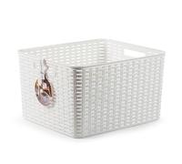 Cesta de almacenamiento rectangular de plástico blanco 28,5 litros, imitación estilo mimbre 22,7 x 39,5 x 34,5 cm, cesta de ordenación con asas para ropa, alimentos, objetos, hogar White