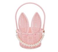 Cesta de conejito de Pascua de ratán PP tejida con colgante de perlas para dulces, picnic, boda, color rosa
