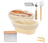 Cesta de Fermentación de Masas Ovalado,Ratán Natural,2 Piezas 12" Banneton Cuenco de Prueba,con Tela de Lino Panadero Antiadherente y un batidor de masa,para Hacer Baguettes,Pan,25*14*8.cm,Hasta 750g
