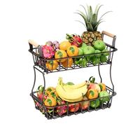 Cesta de Frutas Relaxdays de 2 Niveles, frutero para Cocina, Cesta metálica, Asas de Metal y Madera, Negro