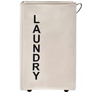 Cesta de lavandería grande de 92 litros con asas de cuero, cesta estable con ruedas para la ropa sucia, cesta de lavandería rodante, blanco