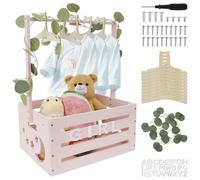 Cesta de madera para bebé con asa, práctica caja de madera para baby shower, con 10 perchas para muñecas y 24 cartas, 40 x 30 x 55 cm, caja de almacenamiento para niños, niñas, embarazo, nuevos padres