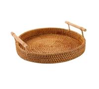 Cesta de mimbre redonda for frutas, hecha a mano, con asa madera, bandeja for servir pasteles y para el Desayuno, Bebidas(M)