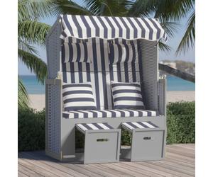 Cesta de playa "Living Store" con cojines, fabricada en ratán sintético y madera maciza, en color azul y blanco