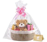Cesta de Regalo Vacía 30x20x12cm-Cesta Trenzada con Bolsa de Regalo y Cinta,Cesta de Presentación Vacía para Pascua,Cumpleaños,Boda,Navidad (Blanco-marrón)