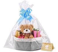 Cesta de Regalo Vacía 30x20x12cm-Cesta Trenzada con Bolsa de Regalo y Cinta,Cesta de Presentación Vacía para Pascua,Cumpleaños,Boda,Navidad (Blanco-gris)