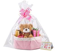 Cesta de Regalo Vacía 30x20x12cm-Cesta Trenzada con Bolsa de Regalo y Cinta,Cesta de Presentación Vacía para Pascua,Cumpleaños,Boda,Navidad (Blanco-rosa)
