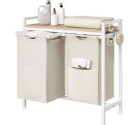 Cesta de ropa con 2 bolsas para ropa – Cestas de ropa extraíbles – Marco de metal y placa de madera – Ideal para lavandería, baño o dormitorio – Blanco – Diseño moderno y que ahorra espacio