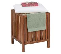 Cesta de ropa con asiento, banco de baño con espacio de almacenamiento, colector de ropa de 50 litros, dimensiones 50x40x40 cm, madera de acacia, tela, color marrón/blanco