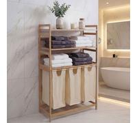 Cesta de ropa de bambú HWC-P78, organizador de ropa, cesta de clasificación, estante para ropa, con 3 compartimentos, certificación , 125x80x40 cm, 135 litros, color crema