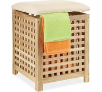 Cesta de ropa Relaxdays con asiento, madera de nuez, tela, altura x anchura x profundidad: 50 x 39 x 39 cm, caja de ropa de 45 litros, taburete de baño con espacio de almacenamiento, color natural