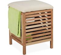 Cesta de ropa Relaxdays con asiento, madera de nuez, tela, capacidad de 35 litros, dimensiones: 51 x 39 x 39 cm, taburete para baño con espacio de almacenamiento, color natural