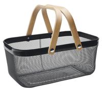 Cesta metálica de 16 litros, perforada, de color gris, con asas de madera