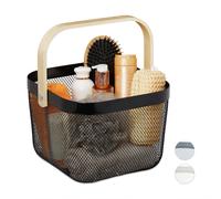 Relaxdays Cesta rejilla metal con asa de madera marrón claro,negro