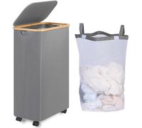 Cesta organizadora para ropa de 75 litros, con diseño delgado, que incluye una bolsa interior extraíble y un asa de bambú