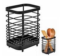 Cesta para Cubiertos, Soporte Utensilios Cocina, Cesta para Cubiertos de Acero Inoxidable, Soporte para Utensilios de Cocina de Metal, Porta Utensilios Cocina Cuadrado con Orificios de Drenaje Negro