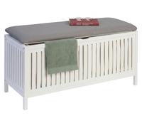 Cesta para la ropa con asiento, color nogal, tapa acolchada, dimensiones: 50 x 100 x 38 cm. Taburete para el baño con espacio de almacenamiento, color blanco/gris