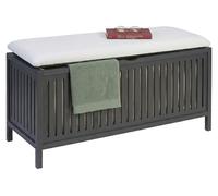 Cesta para la ropa con función de asiento, color nogal, tapa acolchada, dimensiones: 50 x 100 x 38 cm. Taburete para el baño con espacio de almacenamiento, color gris/blanco