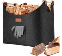 Cesta para leña Unyqoos®: bolsa plegable de fieltro reciclado de poliéster extra grueso, con 2 mangos de madera desmontables, dimensiones 45x32x40 cm (60 litros), color gris