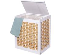 Cesta para ropa HWC-G37, colector de ropa, separador de ropa, caja para ropa, madera maciza con aspecto envejecido, diseño de trenzado, 61x51x35 cm, color blanco