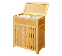 Cesta para ropa Relaxdays, 80 litros, diseño con listones, dimensiones: 62,5 x 50,5 x 28 cm, recogedor de ropa con tapa, bambú y MDF, color natural