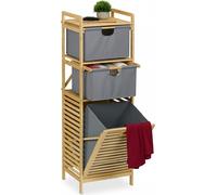 Cesta para ropa Relaxdays, con tapa abatible, capacidad de 30 litros, con espacio de almacenamiento y 2 cajones, fabricada en bambú y tela, dimensiones: 120x40x33 cm, color natural/gris
