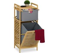 Cesta para ropa Relaxdays, con tapa abatible, capacidad de 30 litros, con espacio de almacenamiento y cajón, de bambú y tela, dimensiones: 95x40x33 cm, color natural/gris
