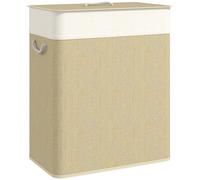 Cesto de ropa sucia doble HOMCOM de 100 L, cesto de ropa sucia de bambú con tapa, asas de cuerda, forro extraíble para baño, dormitorio, lavadero, color crema