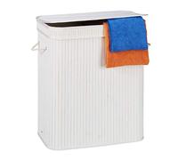 Cesto Ropa Sucia Rectangular con 2 Compartimentos, Cubo Colada, Canasta con Tapa, Bambú, 95 L, Color blanco