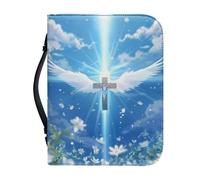 Ceudet Funda de cuero para Biblia con una cubierta de la Biblia pequeña de cuero con asa y fundas de la Biblia con cremallera para estudio bíblico católico AGifts, Alas Cruz Flor 5, X-Large