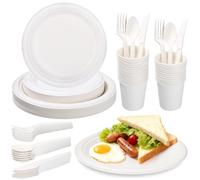 Cexovo Lote de 150 Platos Desechables de Bagazo de Caña de Azúcar, Vajilla Desechable Ecológica, Incluye Platos, Tenedores, Cuchillos y Cucharas para Fiestas, Camping y Picnics