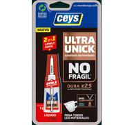 Ceys Ultraunick Liquido 5gr. Doble aplicador, Con Pincel y con cánula de goteo. Adhesivo Universal Ultra Resistente y Ultra Rápido 3 Segundos. Duo-component Ciano Más Resina. Pega Todos los Materiales