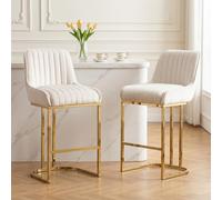 chairus 2PCS Taburetes de Bar de Terciopelo con Patas Doradas, Blanco | Sillas Altas con Respaldo Ancho, Elegantes, Para Isla de Cocina/Barra