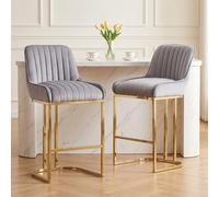 chairus 2PCS Taburetes de Bar de Terciopelo con Patas Doradas, Gris | Sillas Altas con Respaldo Ancho, Elegantes, Para Isla de Cocina/Barra