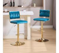 chairus 2X Taburetes de Bar de Terciopelo con Respaldo Trenzado Sillas Altas Cocina Elegantes, Taburetes Isla de Cocina Altura Ajustable Sillas Barra Giratoria con Patas Dorado para Hogar, Turquesa