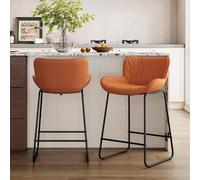 chairus Juego de 2 Taburetes de Bar de Cuero PU Sillas Altas de Estilo Industrial,Taburetes Altos con Respaldo Silla de Isla de Cocina con Patas Metálicas para Barra/Cafetería, Naranja