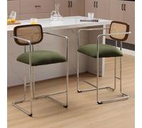 chairus Taburetes de Bar de Lino Juego 2 de Sillas Altas de Cocina con Respaldo Madera, Taburetes Desayuno Bar con Patas de Metal Sillas Barra Tapizadas para Isla de Cocina/Bistró, Verde