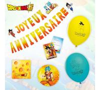 Chaks Dragon Ball - Kit de decoración de cumpleaños para niños | Kit oficial Dragon Ball - 8 platos, 20 servilletas, 6 globos, 1 guirnalda y 8 tarjetas de invitación