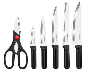 Cheffinger, juego de cuchillos de 7 piezas con bloque y tijeras, mangos ergonómicos, color negro/plateado