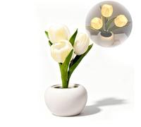 CHEOTIME Lámpara de Mesa de Flores Escritorio de tulipán Luz de Noche LED para decoración de la Sala de Estar del hogar Flor de PU con jarrón de cerámica Centros de Mesa para (Base de cerámica