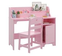 CherishCradle Escritorio Infantil con Silla de Madera con Estantes y Taquilla, Escritorio Infantil con Silla de Madera, Mesa de Aprendizaje Multifuncional para Niños y Niñas de 3+ Años
