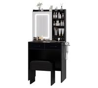 CherishCradle Tocador con Luces LED y Espejos, Tocador de Maquillaje con Luz Ajustable de 3 Colores, Taburete de Almacenamiento Blando, Base de Carga, 2 Cajones y 3 Compartimentos Abiertos
