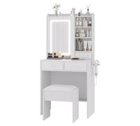 CherishCradle Tocador con Luces LED y Espejos, Tocador de Maquillaje con Luz Ajustable de 3 Colores, Taburete de Almacenamiento Blando, Base de Carga, 2 Cajones y 3 Compartimentos Abiertos