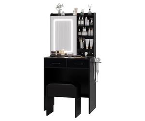 CherishCradle Tocador con Luces LED y Espejos, Tocador de Maquillaje con Luz Ajustable de 3 Colores, Taburete de Almacenamiento Blando, Base de Carga, 2 Cajones y 3 Compartimentos Abiertos