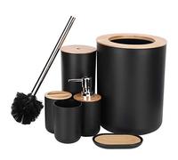 CHICIRIS Juego de Accesorios de Baño con Estilo, 6 uds., con Soporte para Escobilla de Baño de bambú, Dispensador de para el Hogar y la Oficina, Color Negro